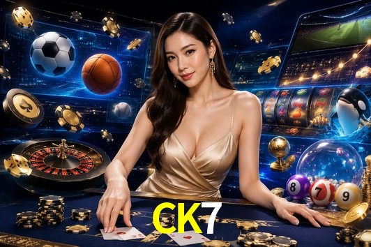 Una escena digital vívida inspirada en casino con CK7 mostrado prominentemente, luces brillantes, fichas, cartas y acentos dorados.